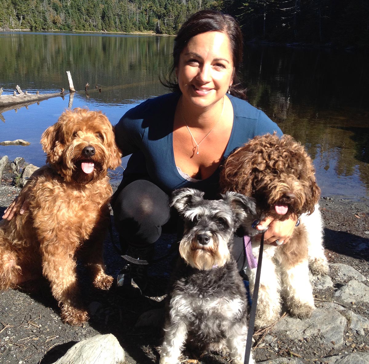 Woman with three labradoodles